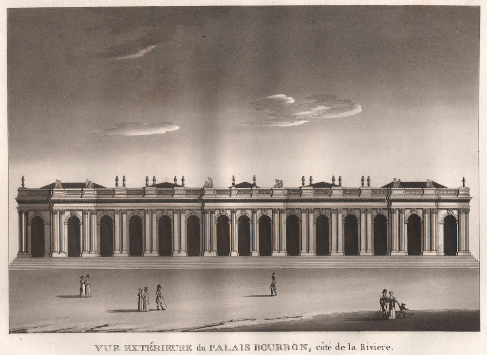 PARIS. Palais Bourbon côté de la Riviere. Aquatint 1808 old antique print